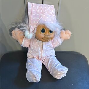 Vintage Troll Doll in Pink Polka Dot Pajamas